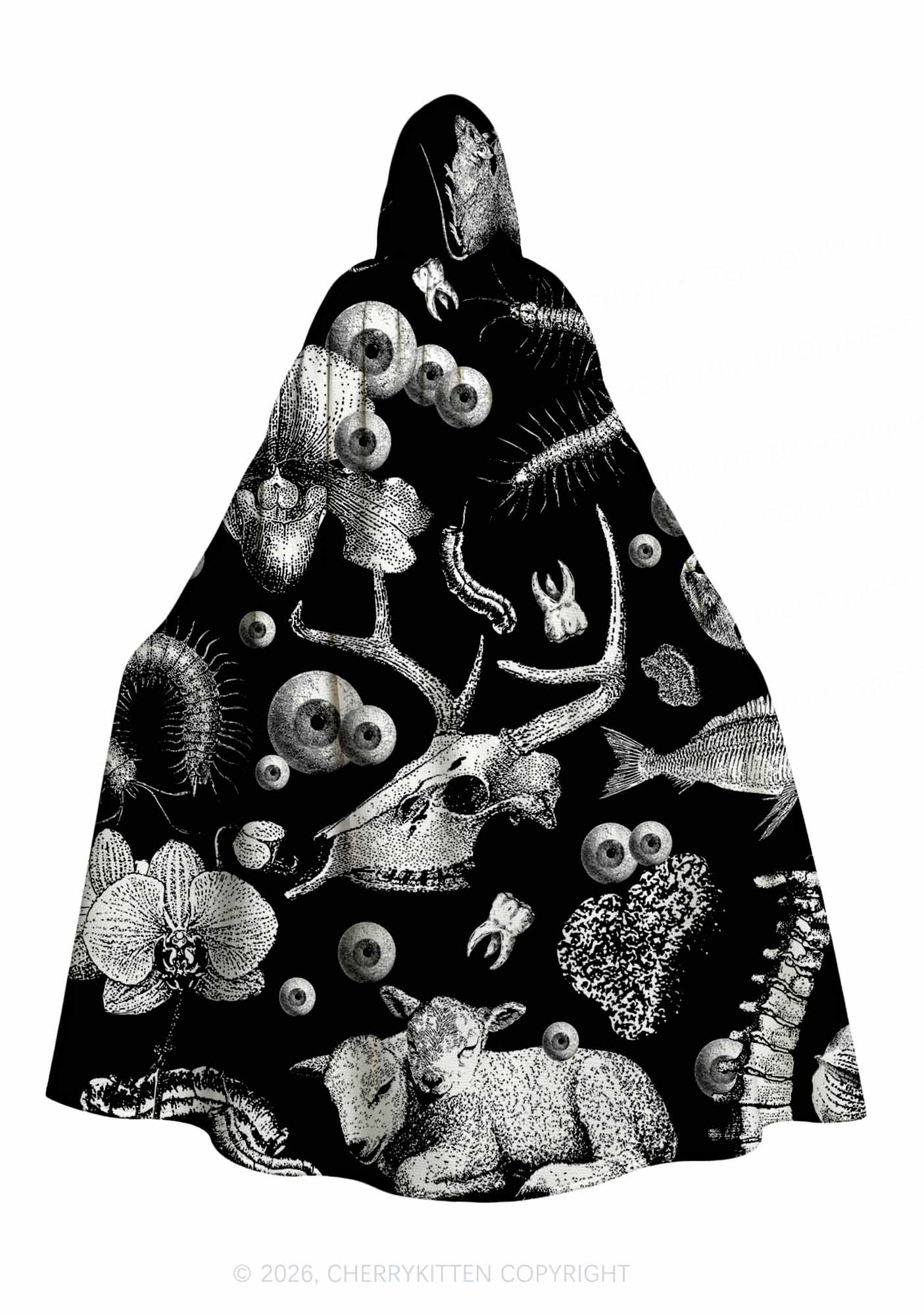 Halloween Dark Sheep Bone Y2K Print Hooded Cloak Cherrykitten