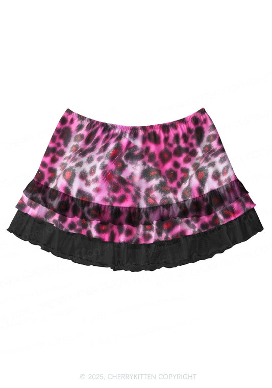 Glitter Pink Leopard Y2K Print Mini Layered Skirt Cherrykitten