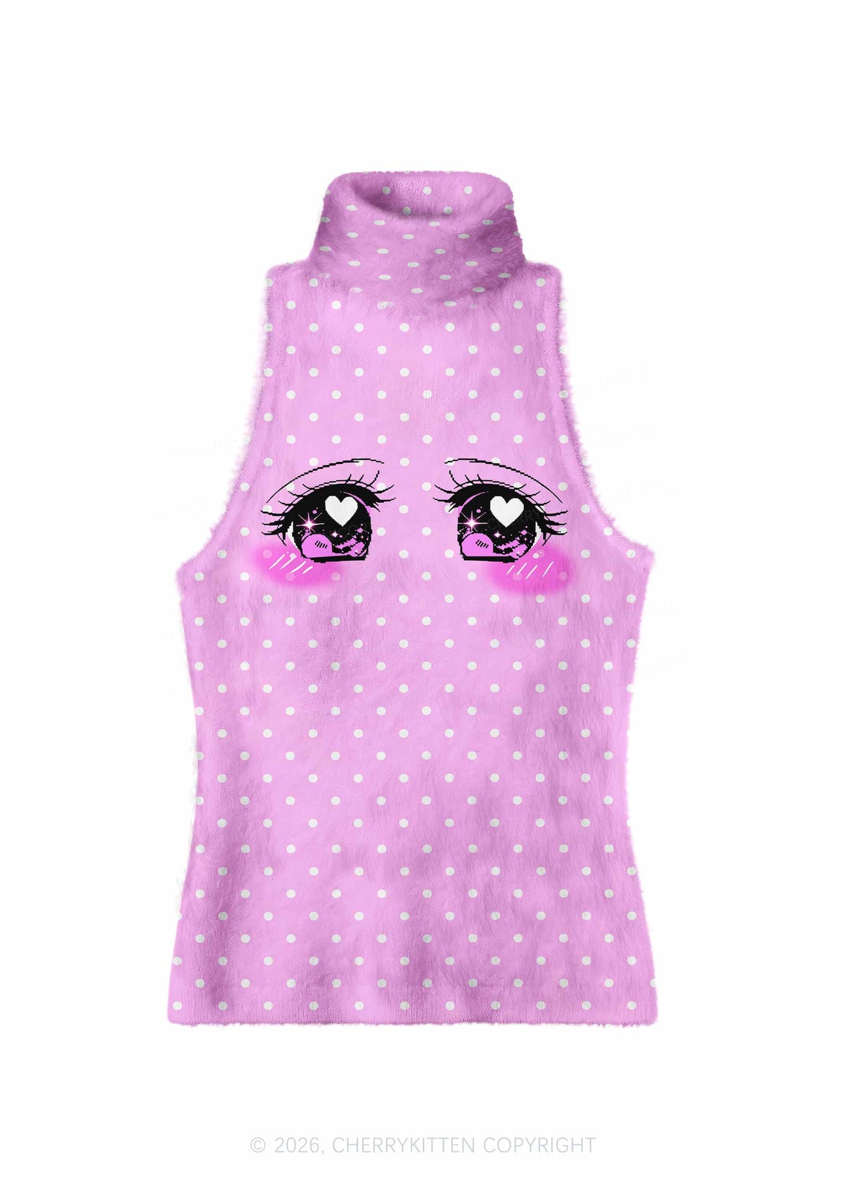 Heart Eyes White Dots On Pink Y2K Knit Turtleneck Tank Top Cherrykitten