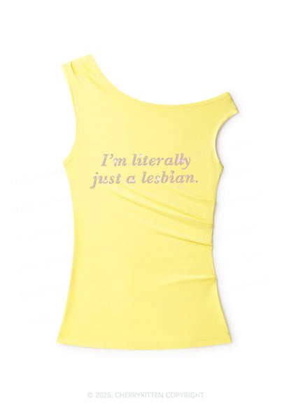 Rhinestone Literally Just A Lesbian Pride Y2K Off Shoulder Tank Top Cherrykitten