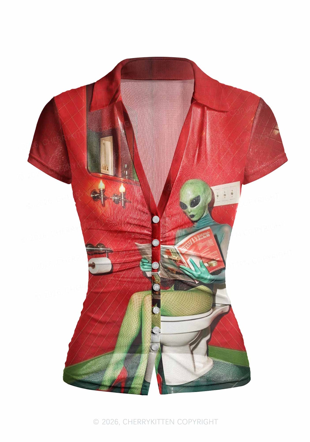 Halloween Alien On Toilet Y2K Mesh Ruched Waist V Neck Top Cherrykitten