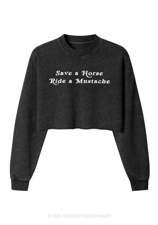 Glitter Ride A Mustache Y2K Crop Washed Sweatshirts Cherrykitten