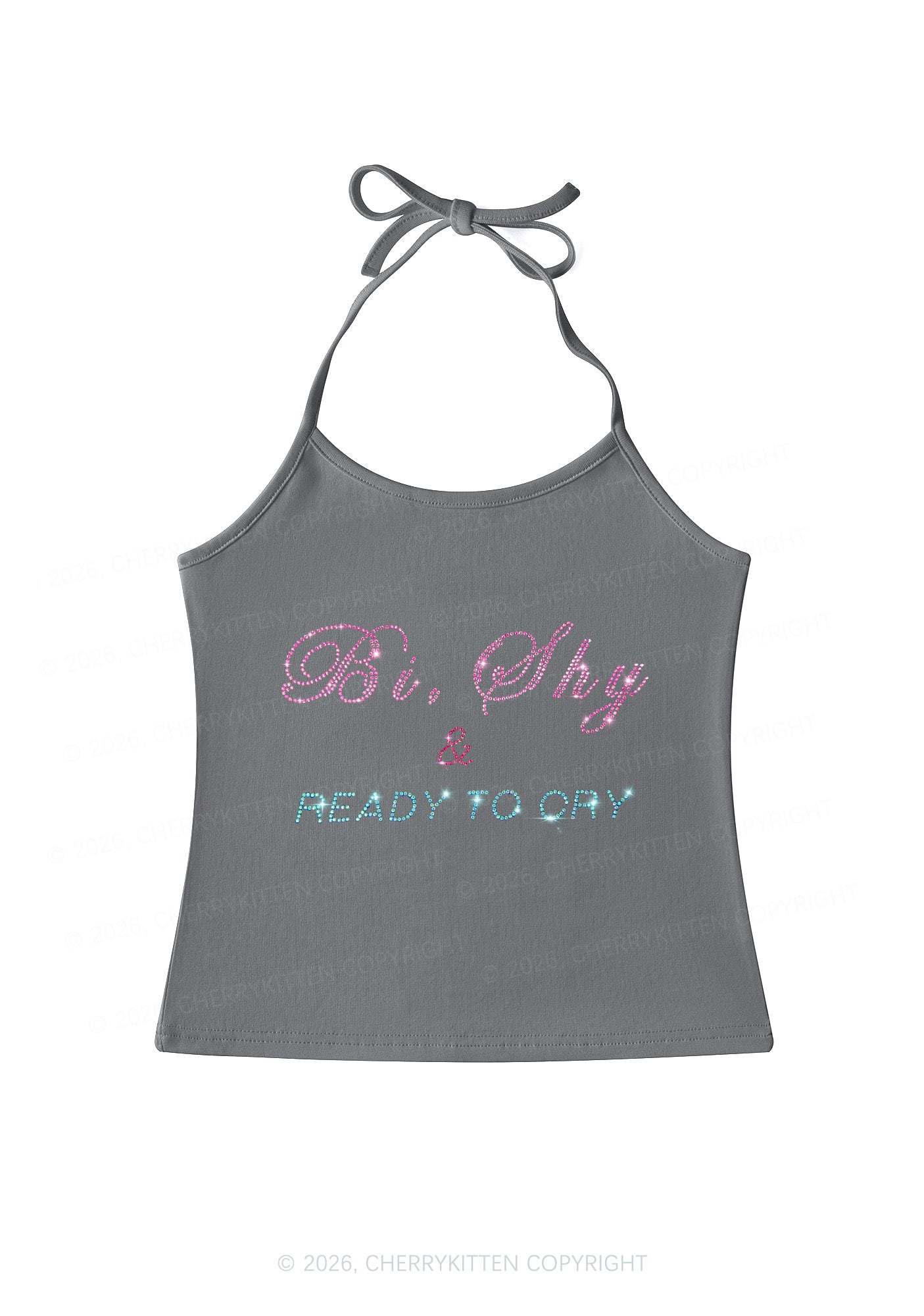 Rhinestone Bi Shy And Ready To Cry Pride Y2K Halter Neck Cami Cherrykitten