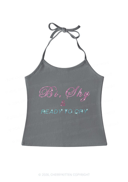 Rhinestone Bi Shy And Ready To Cry Pride Y2K Halter Neck Cami Cherrykitten