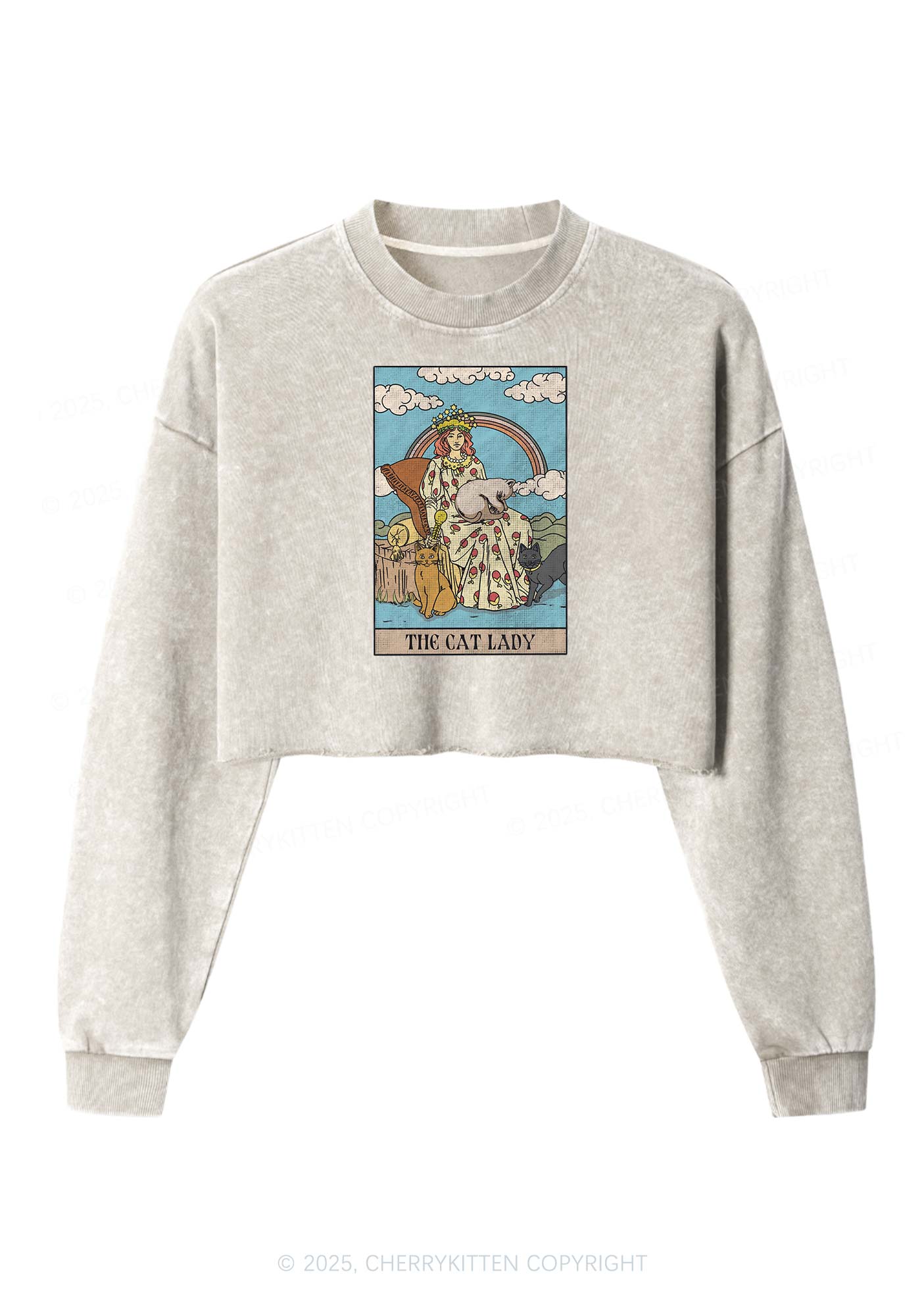The Cat Lady Y2K Crop Washed Sweatshirts Cherrykitten