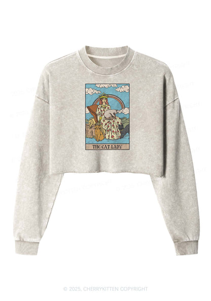 The Cat Lady Y2K Crop Washed Sweatshirts Cherrykitten