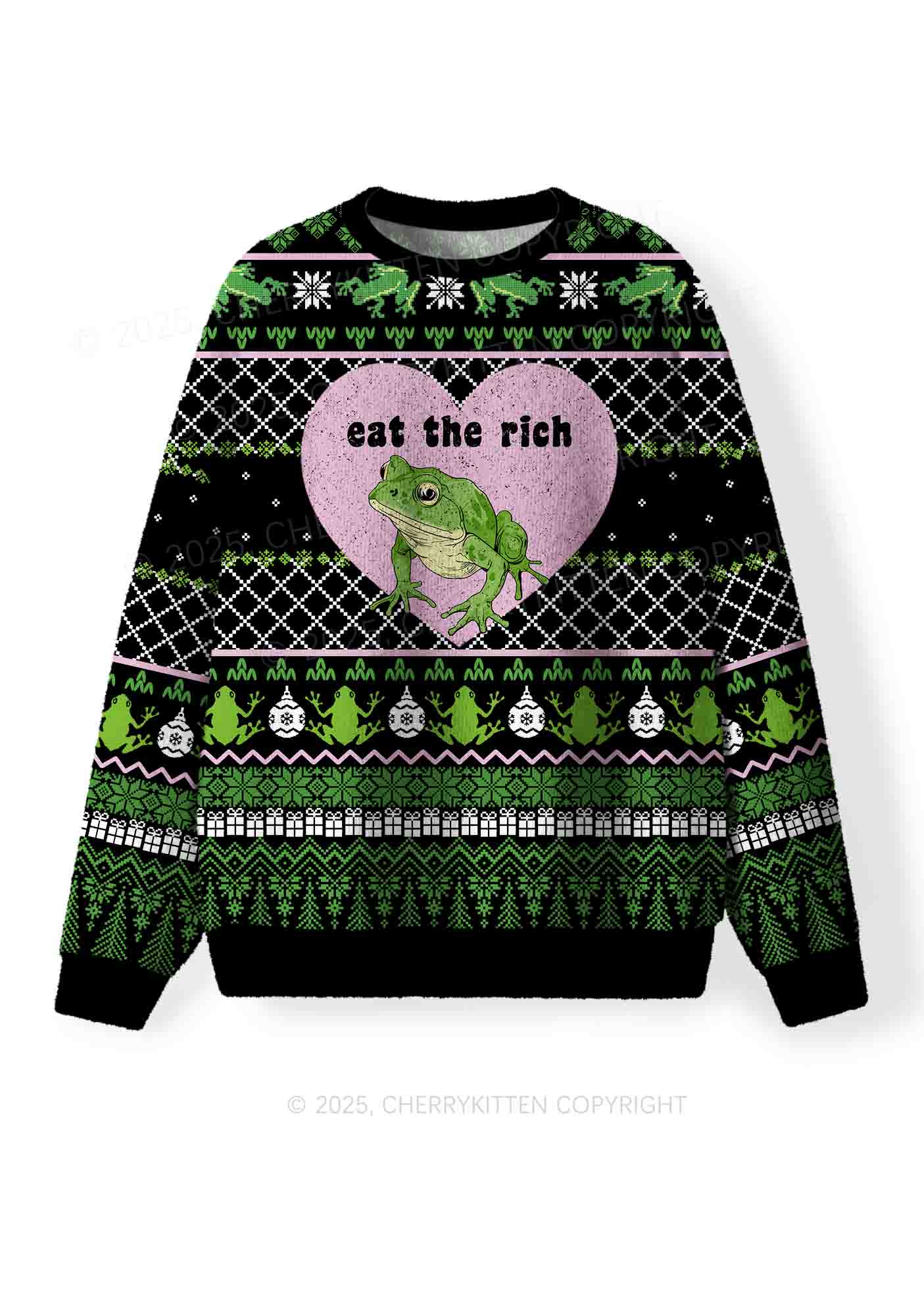 Eat The Rich Frog Y2K Christmas Knit Sweatshirt Cherrykitten