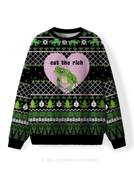 Eat The Rich Frog Y2K Christmas Knit Sweatshirt Cherrykitten