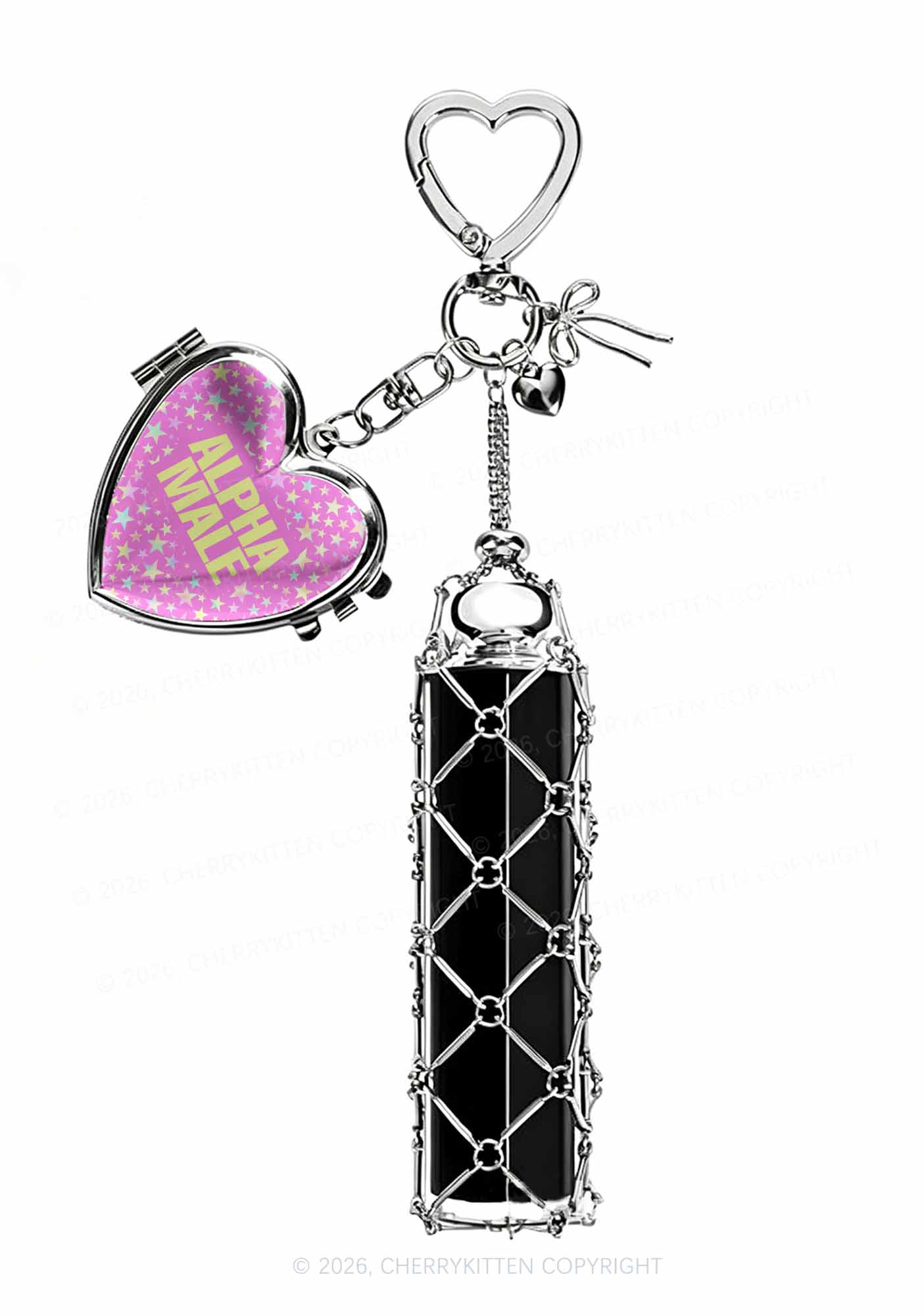 Hot Pink Alpha Male Pride 1pc Y2K Metal Mesh Lipstick Holder Keychain With Mirror Cherrykitten