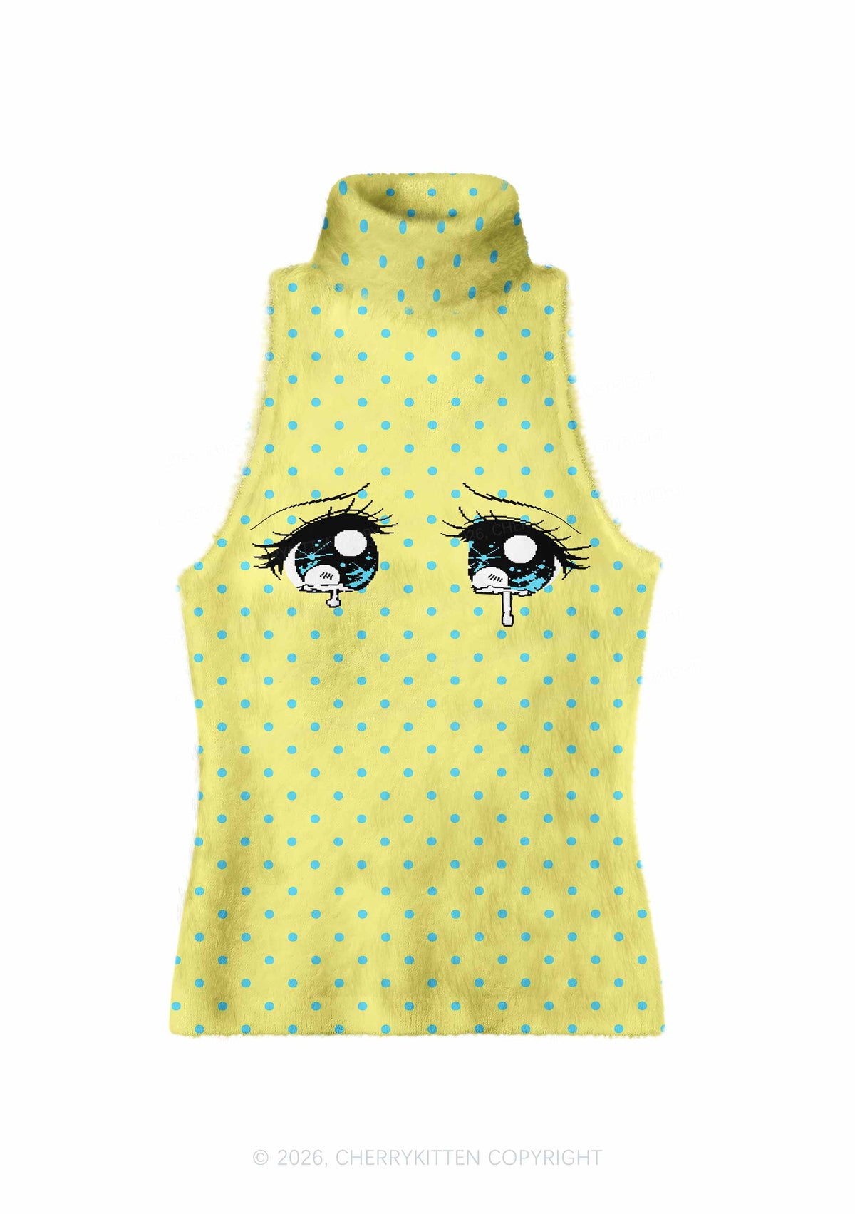 Crying Eyes Blue Dots On Yellow Y2K Knit Turtleneck Tank Top Cherrykitten