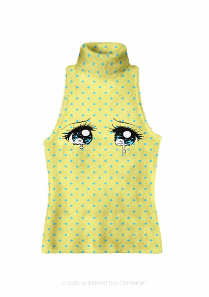 Crying Eyes Blue Dots On Yellow Y2K Knit Turtleneck Tank Top Cherrykitten