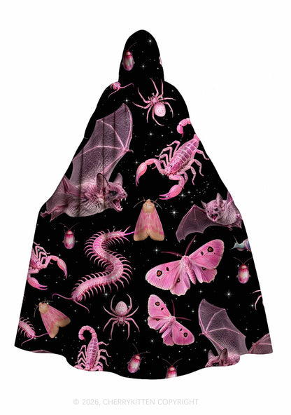 Halloween Pink Gothic Insects Y2K Print Hooded Cloak Cherrykitten