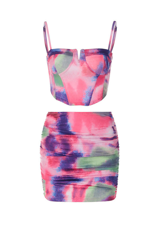 Tie Dye Printing Cropped Camisole Top Tight Skirt Set