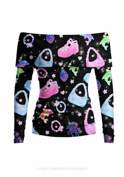 Black Jelly Charms Y2K Off Shoulder Fold Over Knit Top Cherrykitten