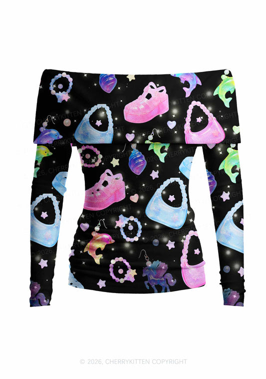 Black Jelly Charms Y2K Off Shoulder Fold Over Knit Top Cherrykitten