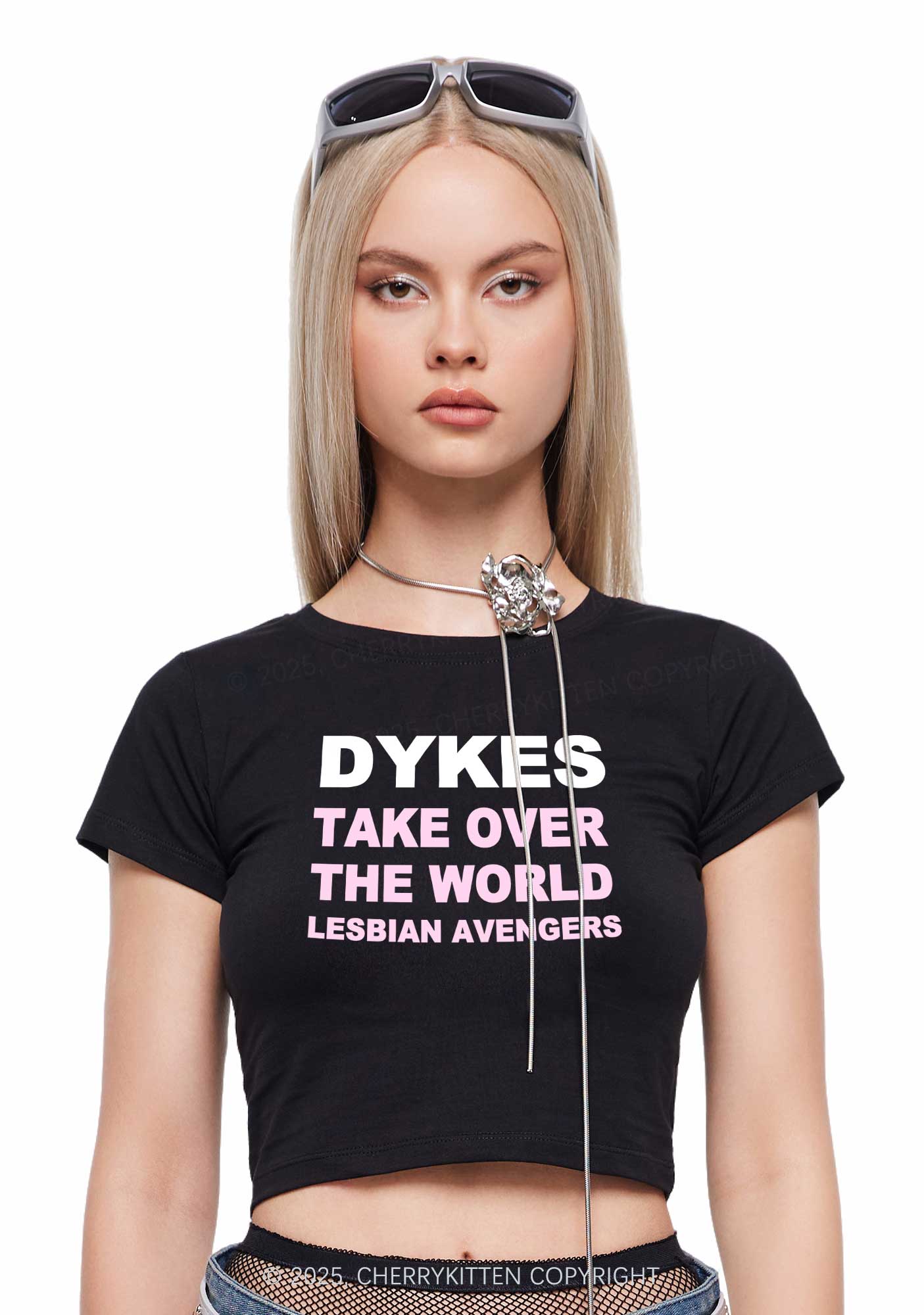 Dyke Take Over The World Y2K Baby Tee Cherrykitten