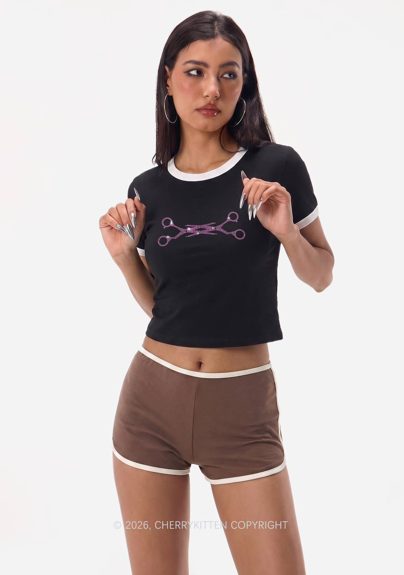 Rhinestone Pink Scissor Pride Y2K Ringer Tee Cherrykitten