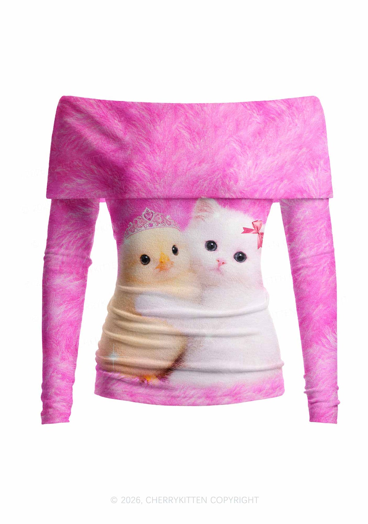 Kitten Hugging Chick Y2K Off Shoulder Fold Over Knit Top Cherrykitten