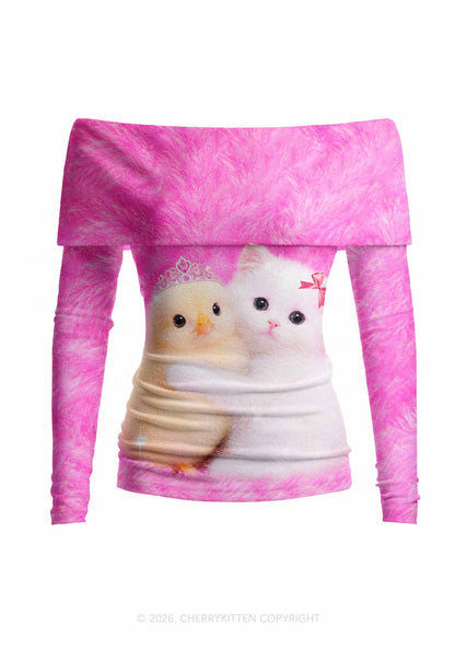Kitten Hugging Chick Y2K Off Shoulder Fold Over Knit Top Cherrykitten