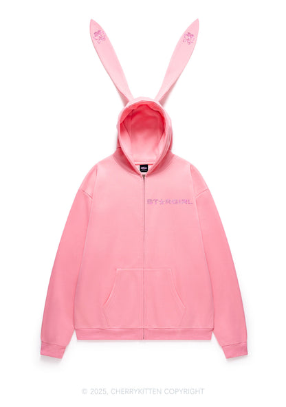 Rhinestone Stargirl Y2K Bunny Ear Zip Hoodie Cherrykitten
