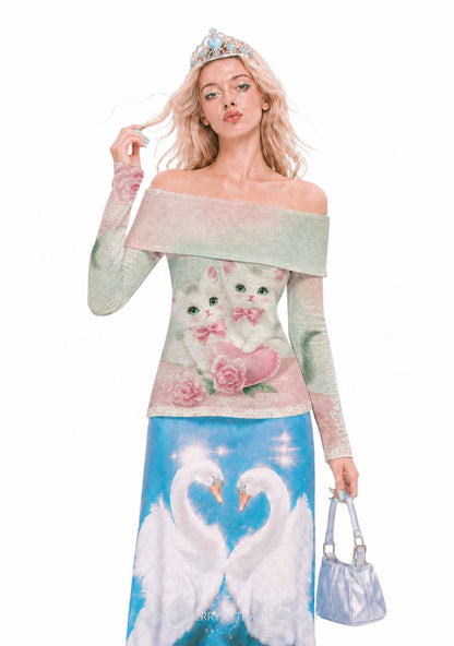 Rose Kitties Y2K Off Shoulder Fold Over Knit Top Cherrykitten