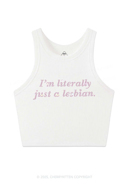 Rhinestone Literally Just A Lesbian Pride Y2K Crop Tank Top Cherrykitten