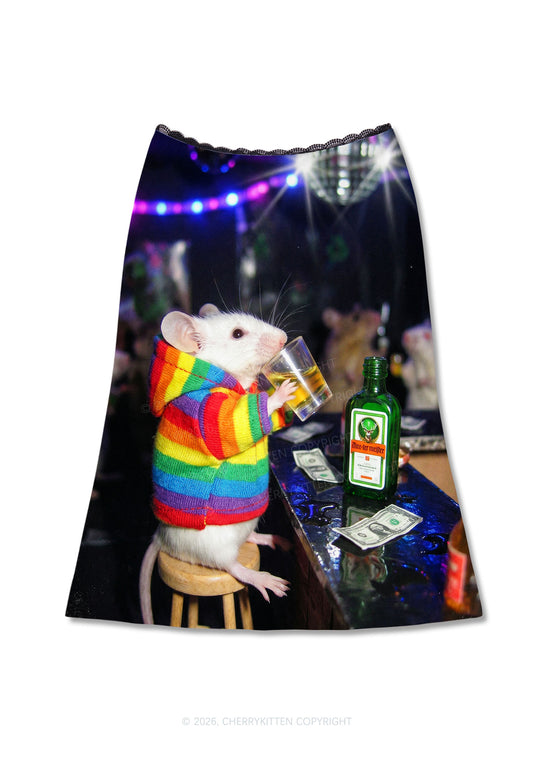 Rainbow Hoodie Rat Drinking Pride Y2K Print Midi Skirt Cherrykitten