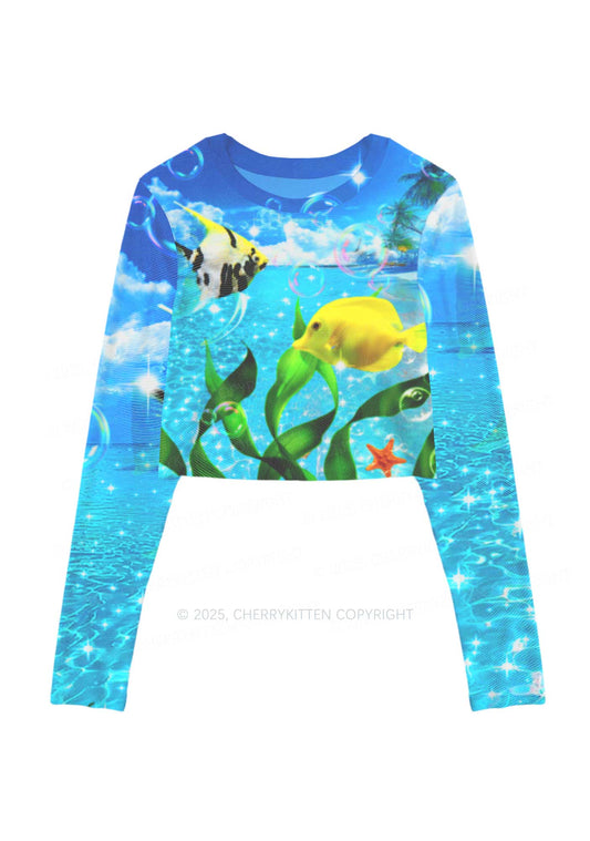 Tropical Fish Y2K Mesh Long Sleeve Crop Top Cherrykitten