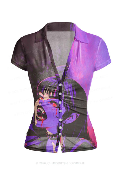 Halloween Vampire Scream Y2K Mesh Ruched Waist V Neck Top Cherrykitten