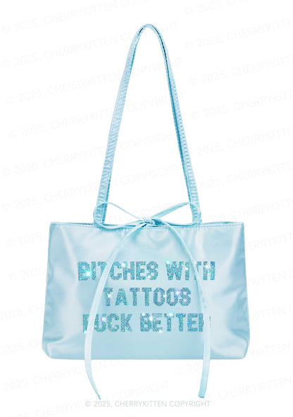 Rhinestone Bxxches With Tattoos Fxxk Better Y2K Satin Bags Cherrykitten