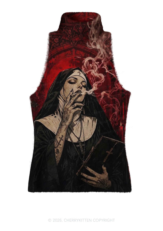 Gothic Tattoos Nun Y2K Knit Turtleneck Tank Top Cherrykitten