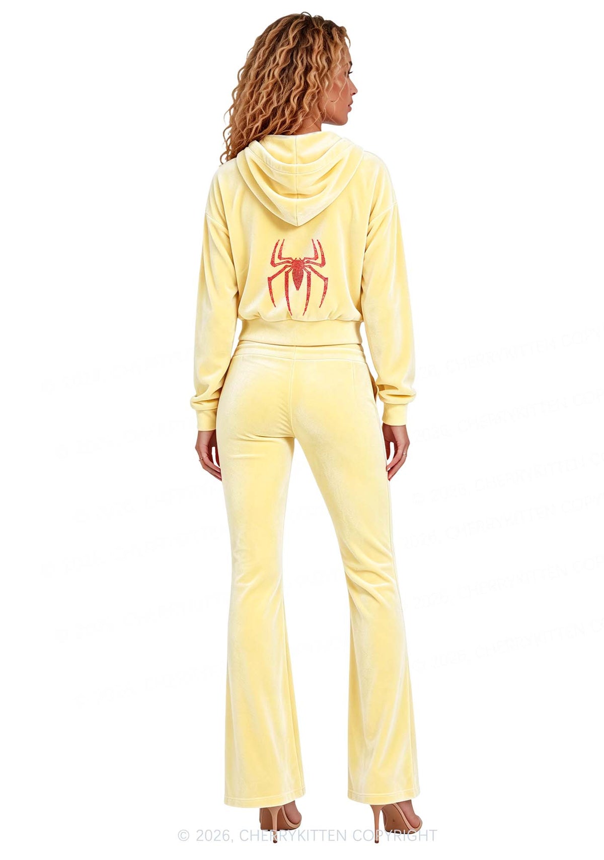 Rhinestone Red Spider Y2K Velvet Tracksuit Set Cherrykitten