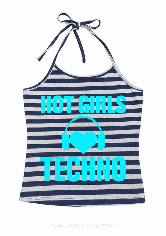Hot Girls Love Techno Y2K Navy Grey Striped Halter Neck Cami Cherrykitten