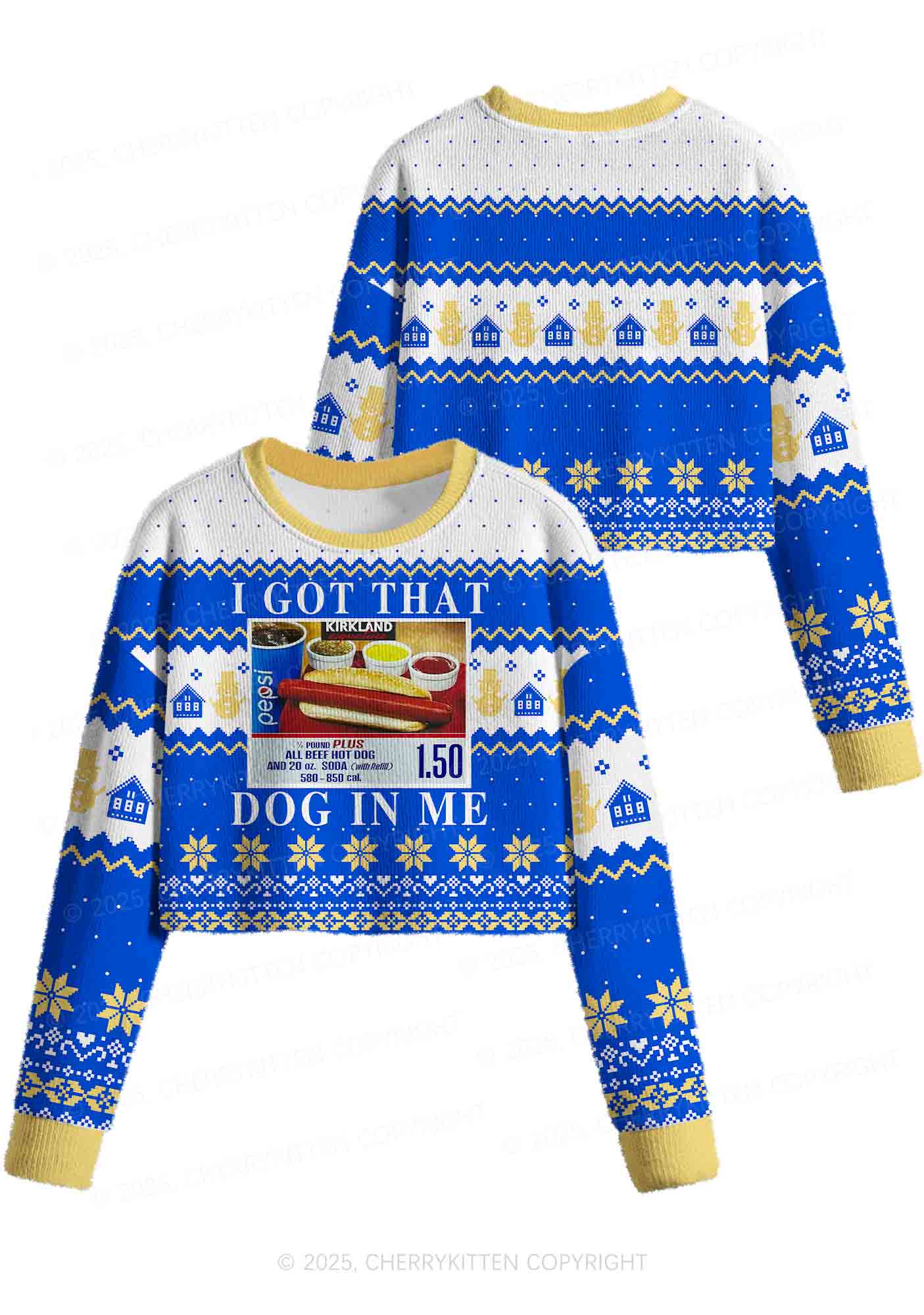 I Got That Hot Dog In Me Y2K Christmas Crop Knit Sweatshirt Cherrykitten