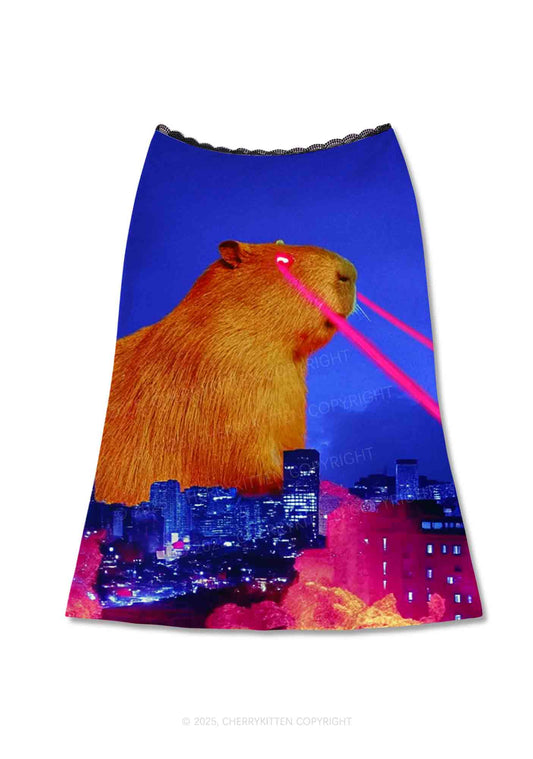 Laser Monster Capybara Y2K Print Midi Skirt Cherrykitten