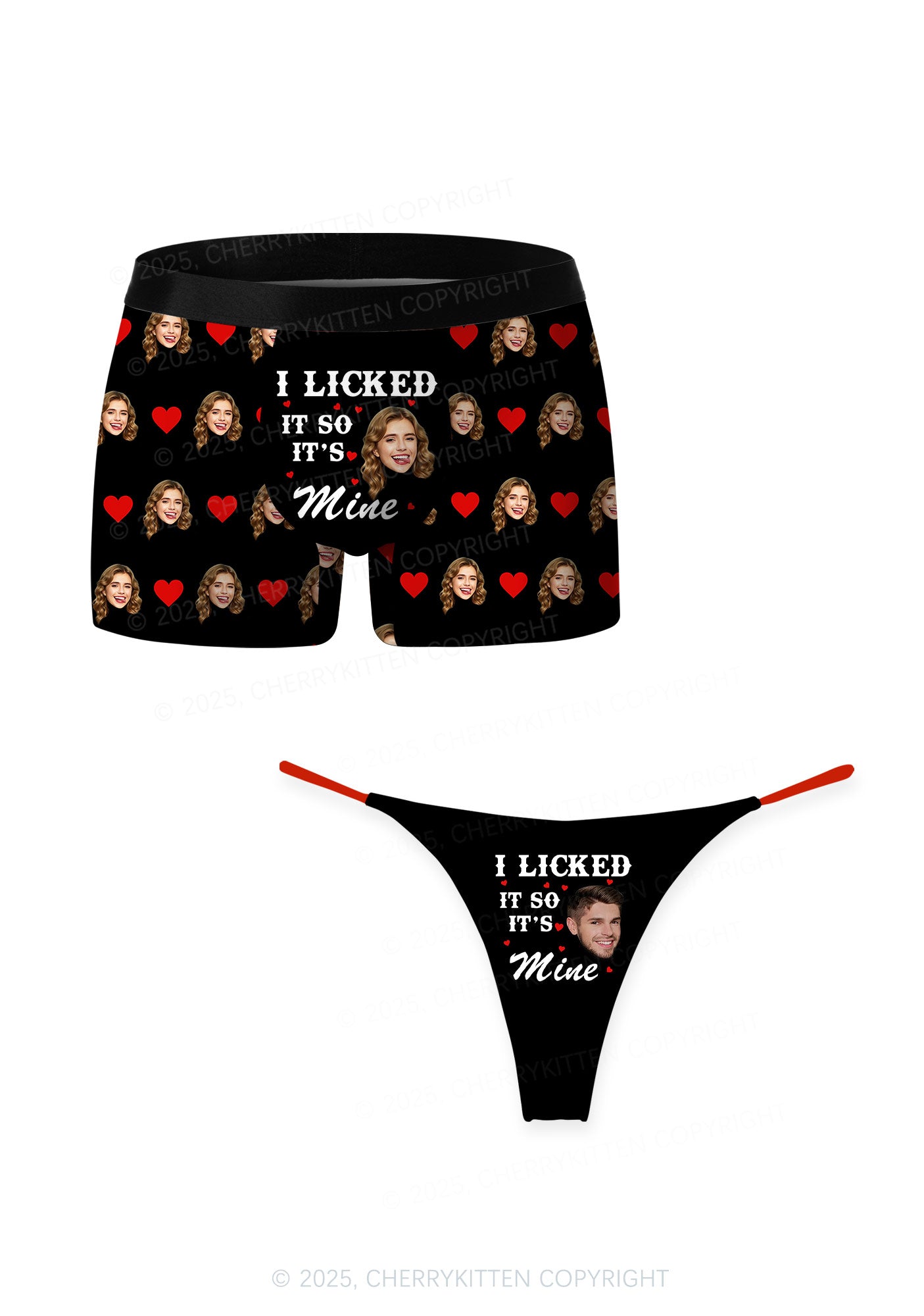 Custom Photo I Licked It Valentine's Day Y2K Print Couples Boxer Thong Set Cherrykitten