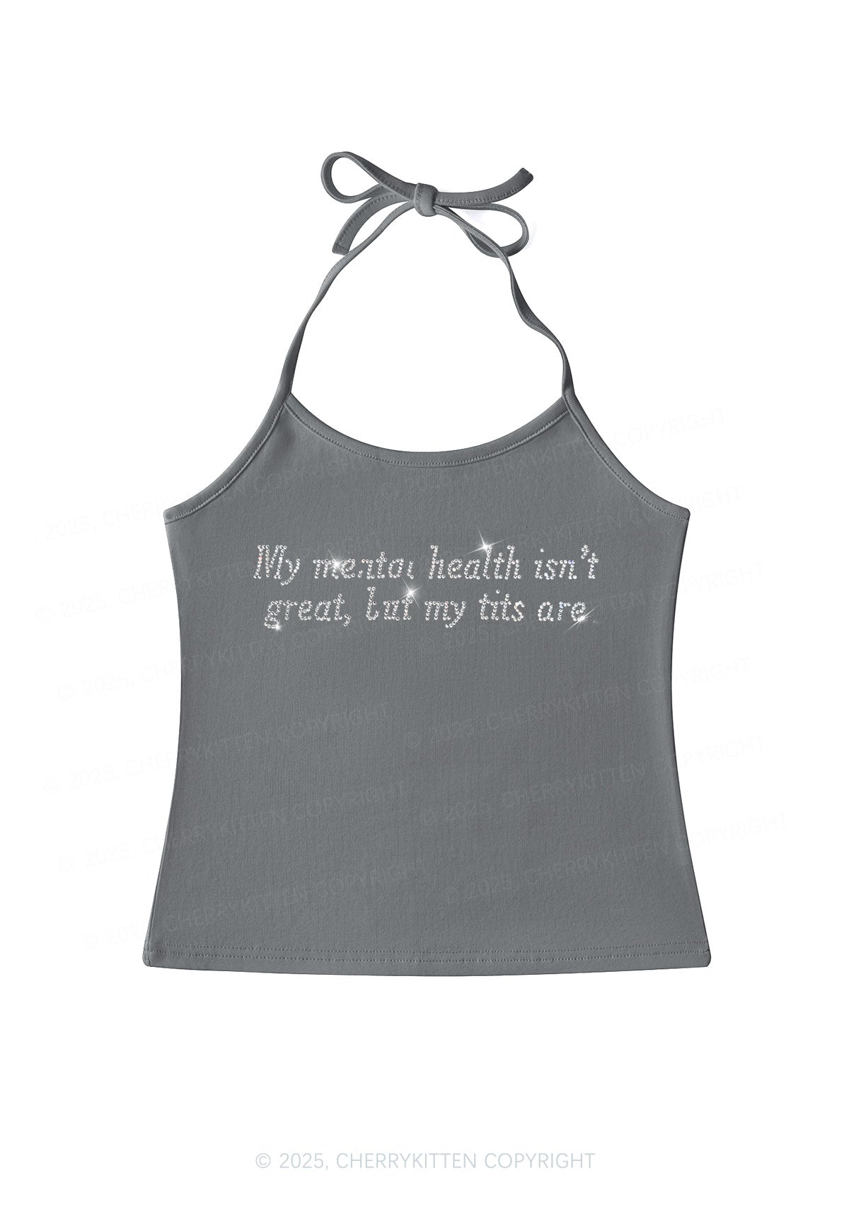 Rhinestone My Mental Health Isnt Great Y2K Halter Neck Cami Cherrykitten