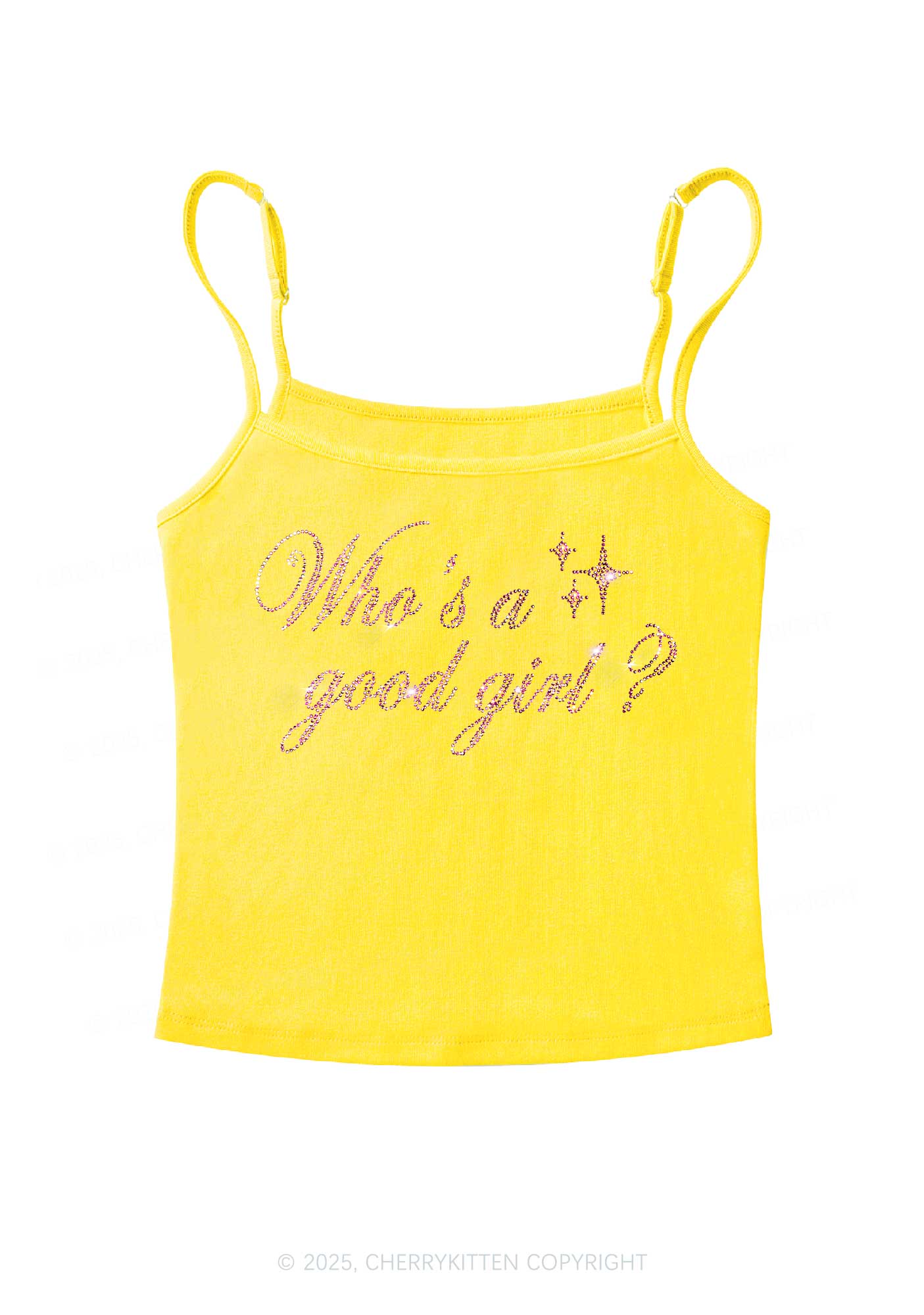 Rhinestone Whos A Good Girl Y2K Spaghetti Strap Cami Cherrykitten