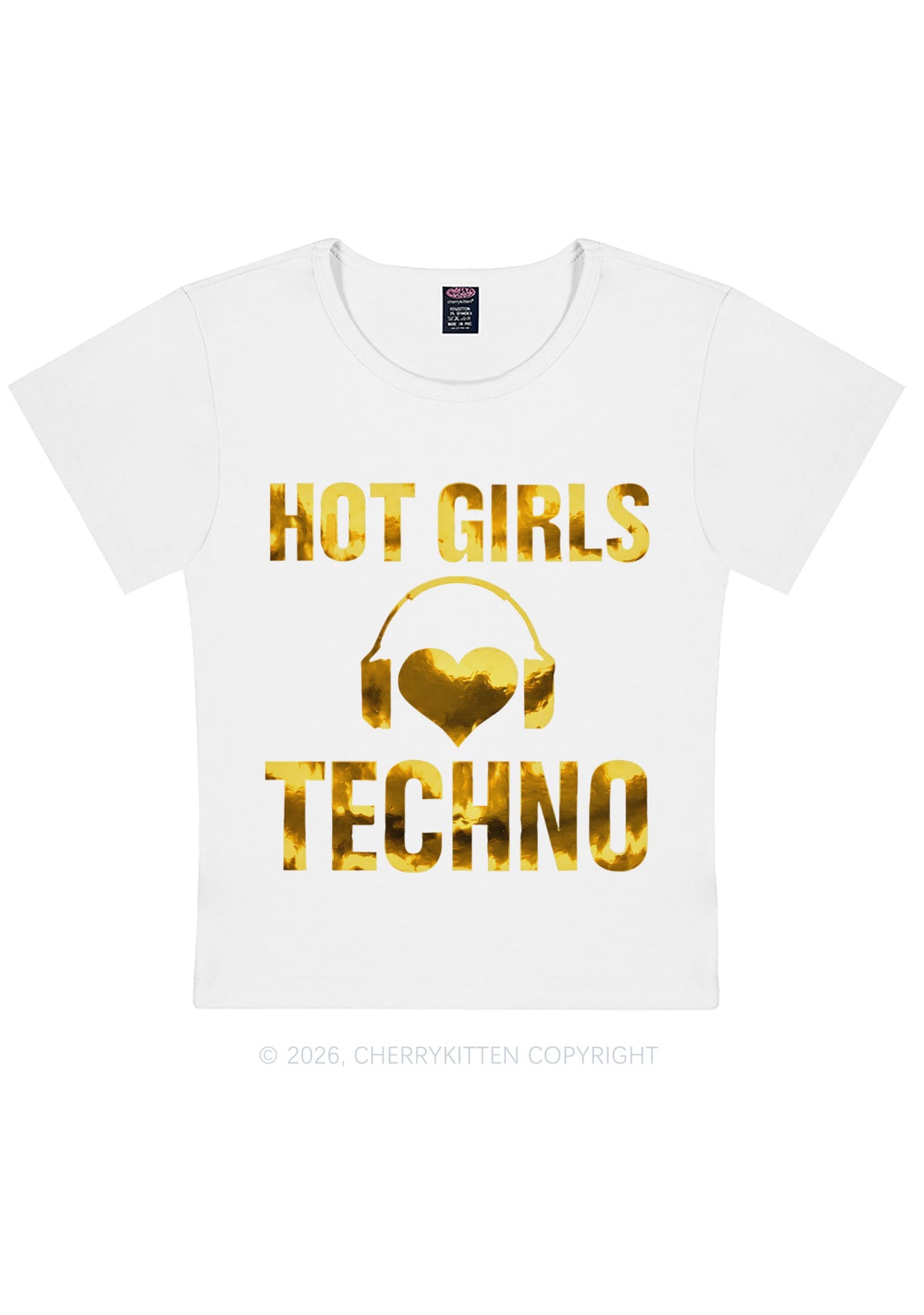 Hot Girls Love Techno Silver Foil Printed Y2K Baby Tee Cherrykitten