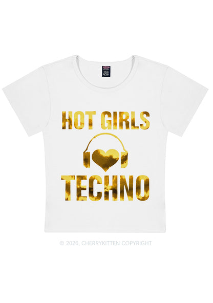 Hot Girls Love Techno Silver Foil Printed Y2K Baby Tee Cherrykitten