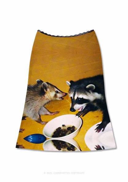Raccoon Meal Y2K Print Midi Skirt Cherrykitten