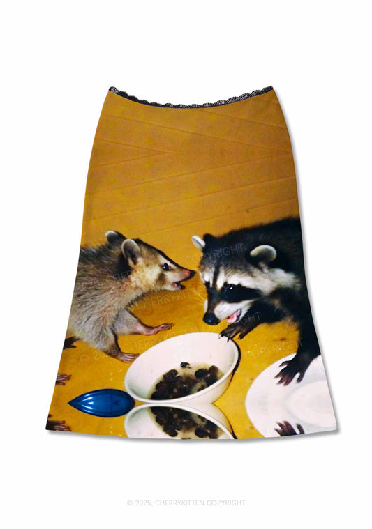 Raccoon Meal Y2K Print Midi Skirt Cherrykitten