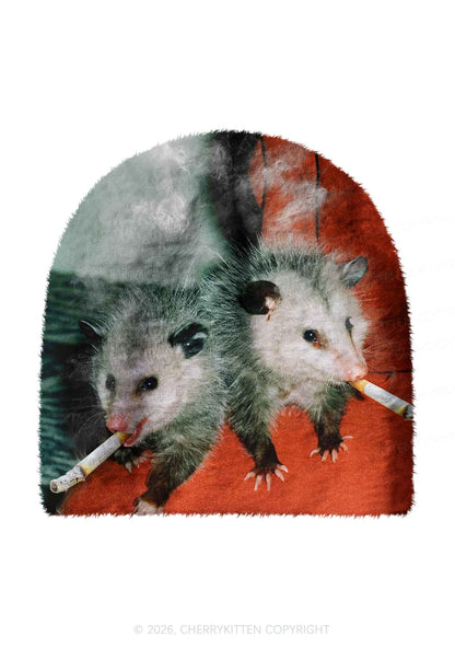 Smoking Badass Possum Y2K Print Knit Beanie Cherrykitten