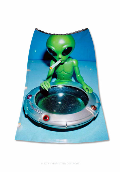 Halloween Alien UFO Ashtray Y2K Print Midi Skirt Cherrykitten