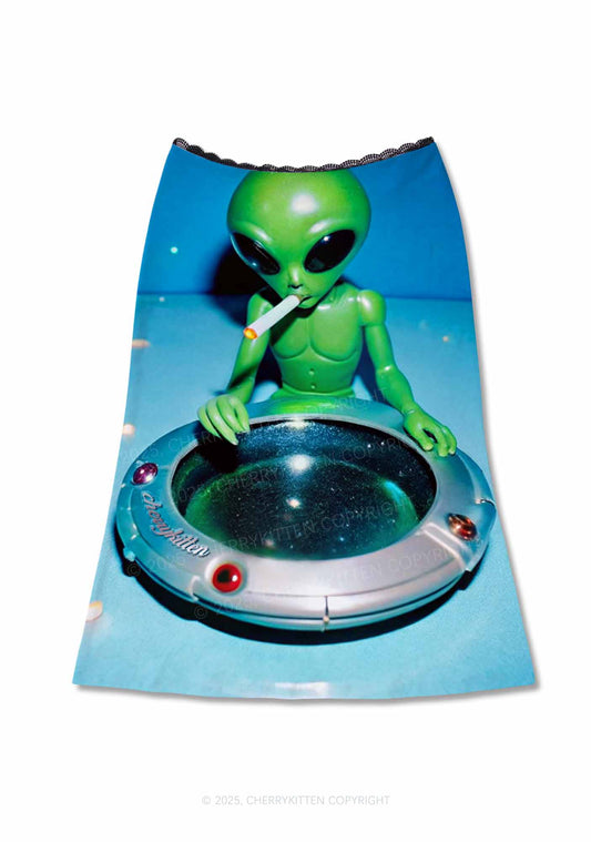 Halloween Alien UFO Ashtray Y2K Print Midi Skirt Cherrykitten