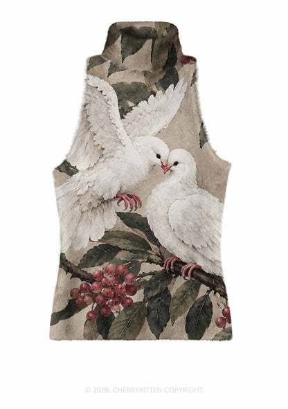Two Loving Doves On Branch Y2K Knit Turtleneck Tank Top Cherrykitten