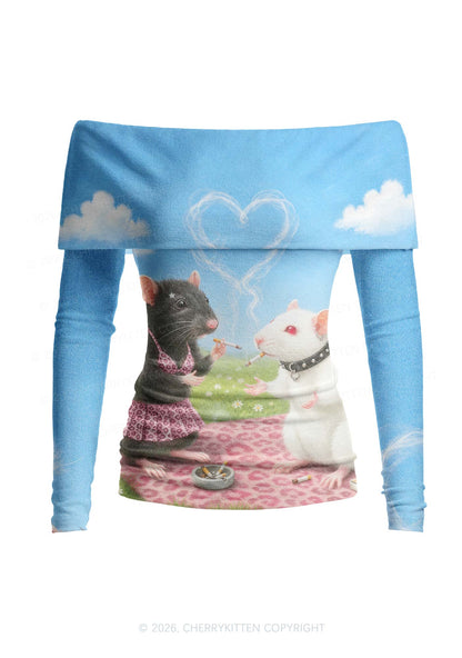 Two Punk Rats Smoking Y2K Off Shoulder Fold Over Knit Top Cherrykitten