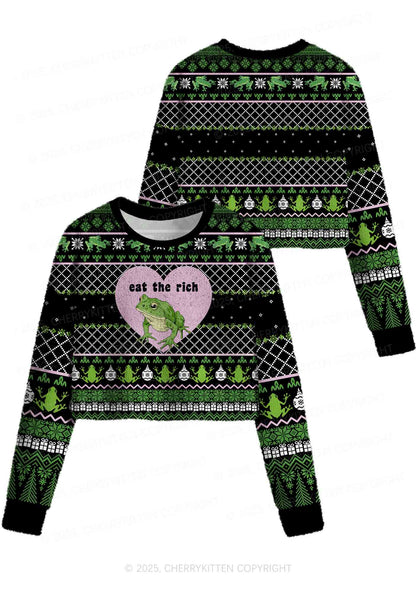Eat The Rich Frog Y2K Christmas Crop Knit Sweatshirt Cherrykitten