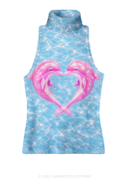 Pink Dolphin Couple Heart Y2K Knit Turtleneck Tank Top Cherrykitten