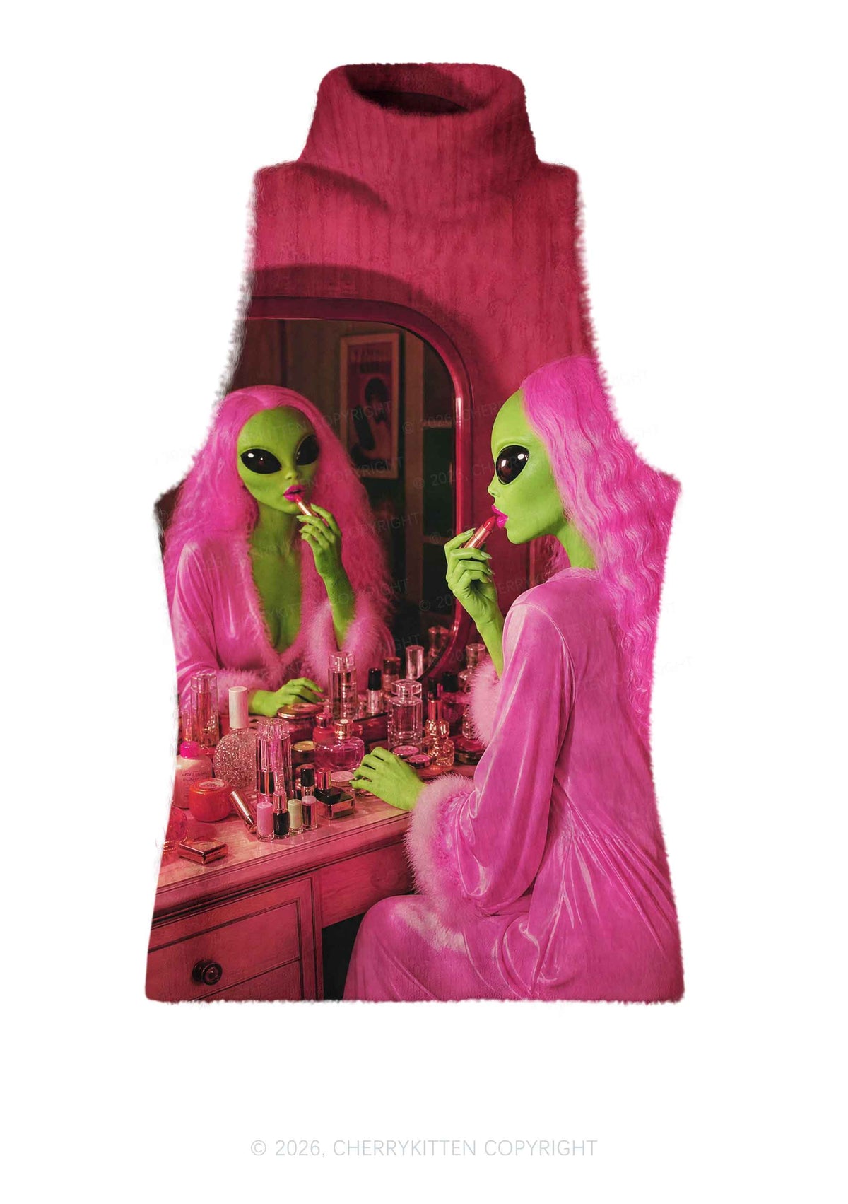 Pink Wig Makeup Alien Y2K Knit Turtleneck Tank Top Cherrykitten